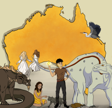 Umriss von Australien zusammen mit Zeichnungen diverser Fabelwesen, über die es in Australien Geschichten gibt