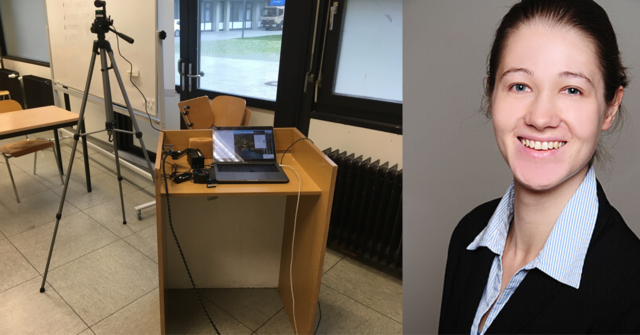 Links im Bild ist ein Seminarraum zu sehen, darin ein Rednerpult, auf dem ein Laptop steht. An den Laptop ist eine Kamera auf einem Stativ angeschlossen. Daneben ist ein Portraitfoto von Lisa Weißbach zu sehen. 